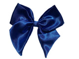 A blue  satin hair bow clip displayed on a white background, with a silver-colored barrette clip attached.