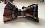Tartan Dog Bow Tie, Beige, Handmade.