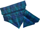 Navy and green tartan dog bandana with a slip-on collar design on a white background.