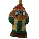 Handmade felt gingerbread man ornament, designed as a bird watcher, with a robin perched on his head and binoculars. For Christmas tree decoration.