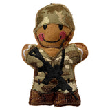Soldier gingerbread man ornament in MTP, with helmet and faux leather boots.