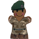 Felt gingerbread soldier decoration in green beret. Embroidered camouflage uniform and brown faux leather boots.