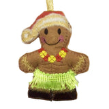 Decorative gingerbread man ornament with hula outfit on a white background