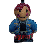 Punk Rocker Girl Christmas Decoration, dressed in denim jacket, black t-shirt and red tartan skirt and  black glossy boots on white background.