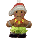 Felt gingerbread man ornament with hula skirt and lei on a white background