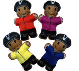 Cyclist gingerbread decoration in pink, red, yellow or blue top.
