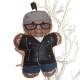 Biker gingerbread man decoration. With grey cotton headscarf, white cotton t shirt, jeans and black faux leather bikers jacket. Lightly filled with a polyester stuffing to create depth and character. Hand sewn to finish