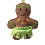 Decorative hula dancer ornament with green skirt, and colorful lei on a white background