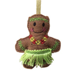 Decorative gingerbread man ornament with hula outfit on a white background