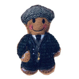 1920s style gangster, machine embroidered felt gingerbread man with tweed flat cap and jacket