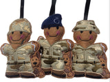 Military dog handler, machine embroidered felt gingerbread man Christmas decoration. Available in three designs