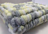 Lemon, Grey, White Pram Cover, Hand Knitted, Pom Pom Wool Baby Blanket (Small)