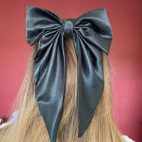 Black Satin Bow, Large Clip On Hair Accessory For Women.