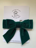 Bottle Green Velvet Bow, Large Clip On Hair Accessory For Women.