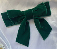 Bottle Green Velvet Bow, Large Clip On Hair Accessory For Women.