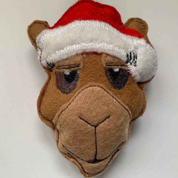 Camel in Santa hat, machine embroidered felt Christmas decoration.
