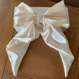 Cream satin long tail hair bow clip, bridal hair accessories.