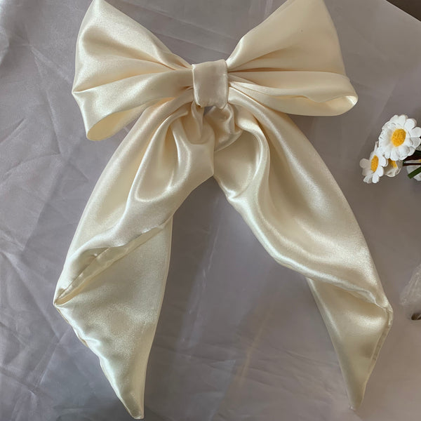Cream satin long tail hair bow clip, bridal hair accessories.