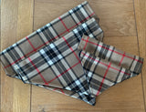 Beige black and red tartan slip on collar dog bandana