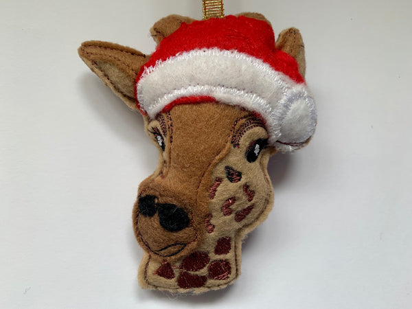 Giraffe in Santa hat,  machine embroidered felt Christmas decoration.