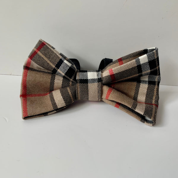 Cream black and red tartan dog bow tie