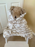 Hand Knitted Beige and White Baby Blanket, Mini Pom Pom Wool