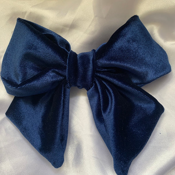 Navy Blue Velvet Sailor Bow, Clip On Hair Accessory For Women.