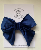 Navy Blue Velvet Sailor Bow, Clip On Hair Accessory For Women.