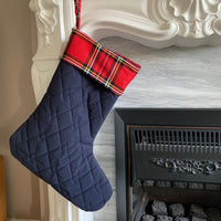 Country Style Christmas Stocking Navy Blue With Red Tartan Cuff