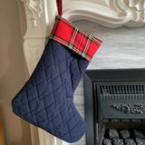 Country Style Christmas Stocking Navy Blue With Red Tartan Cuff