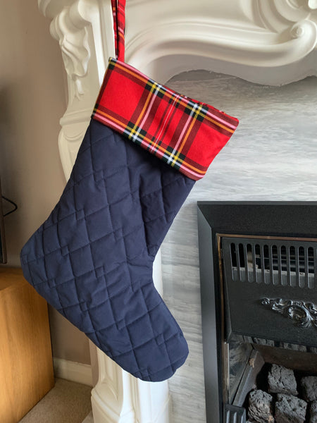 Country style Christmas stocking in navy and red tartan