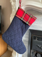 Country Style Christmas Stocking Navy Blue With Red Tartan Cuff