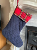 Country Style Christmas Stocking Navy Blue With Red Tartan Cuff