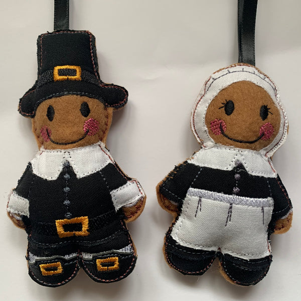 Pilgrim Fathers felt gingerbread ornaments.
