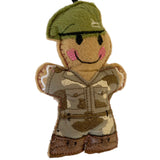 Felt soldier figurine with a green beret and camouflage uniform on a white background