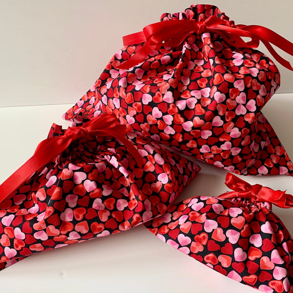 Reusable fabric eco friendly gift bag red heart design