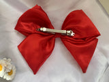 Red satin hair bow clip, adult bow, Wedding hair accessories.