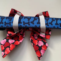 Sailor Bow Tie, Slip On Dog Collar, Red And Pink Heart Design