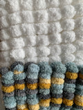 White Hand Knitted Pram Cover, Giant Pom Pom Wool