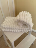 White Hand Knitted Pram Cover, Giant Pom Pom Wool