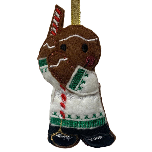 Church bell ringer, gingerbread man, hanging tree decoration on white background.