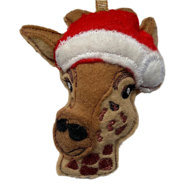 Giraffe in Santa hat,  machine embroidered felt Christmas decoration.