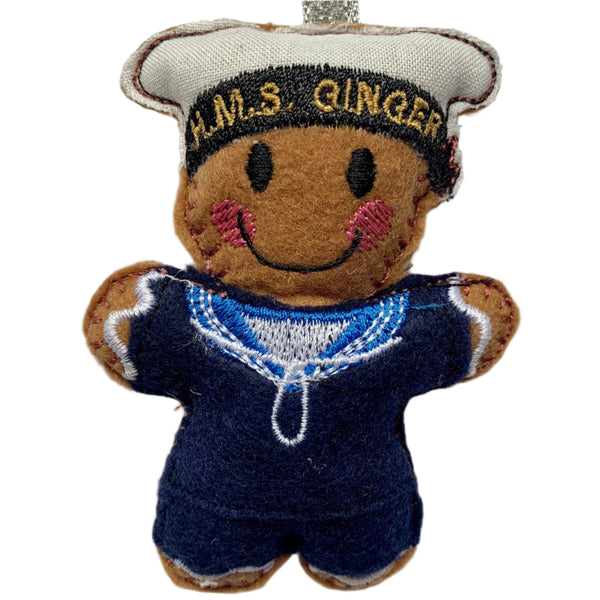HMS ginger, felt gingerbread man sailor decoration.