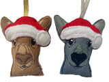 Two embroidered felt Kangaroo Christmas tree decorations, wearing a red Santa hat available as either a grey or brown kangaro, both with ribbon attached for hanging.