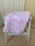 Hand Knitted Pink and White Baby Blanket, Mini Pom Pom Wool
