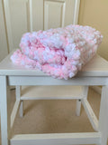 Hand Knitted Pink and White Baby Blanket, Mini Pom Pom Wool