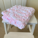 Hand Knitted Pink and White Baby Blanket, Mini Pom Pom Wool