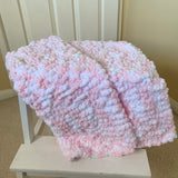 Hand Knitted Pink and White Baby Blanket, Mini Pom Pom Wool