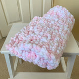 Hand Knitted Pink and White Baby Blanket, Mini Pom Pom Wool