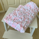 Hand Knitted Pink and White Baby Blanket, Mini Pom Pom Wool